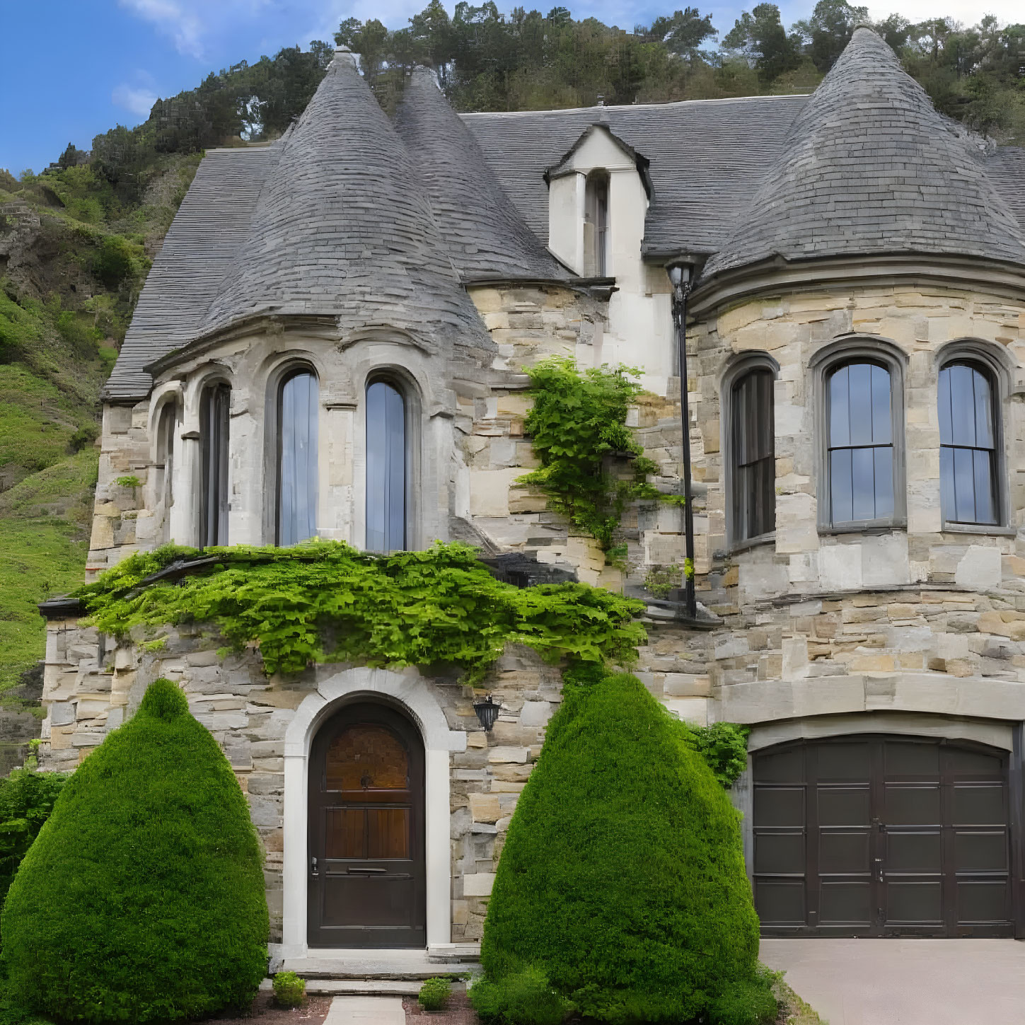 Stone Facade House with Gothic Revival Elements and Ivy-Covered Door