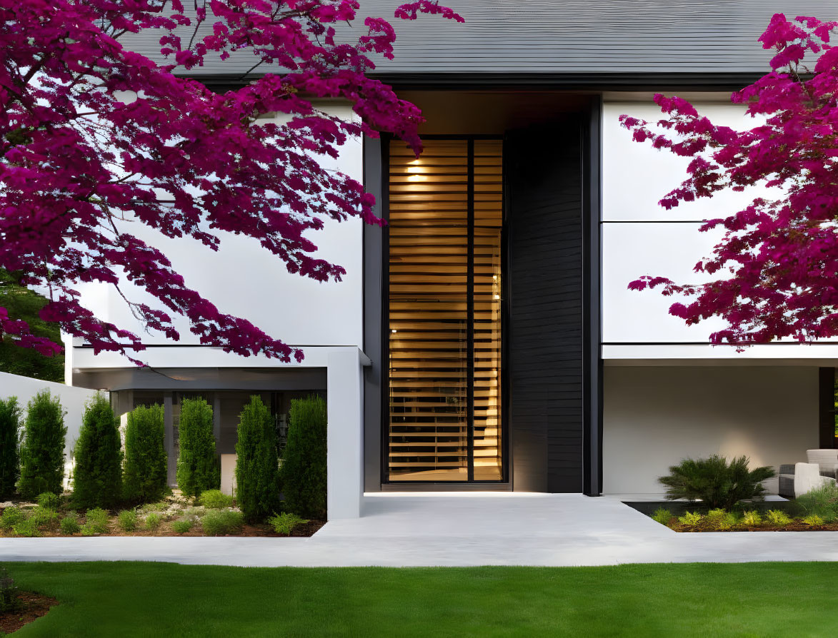 Contemporary house facade with large vertical windows, black and white design, illuminated interior, surrounded by pink