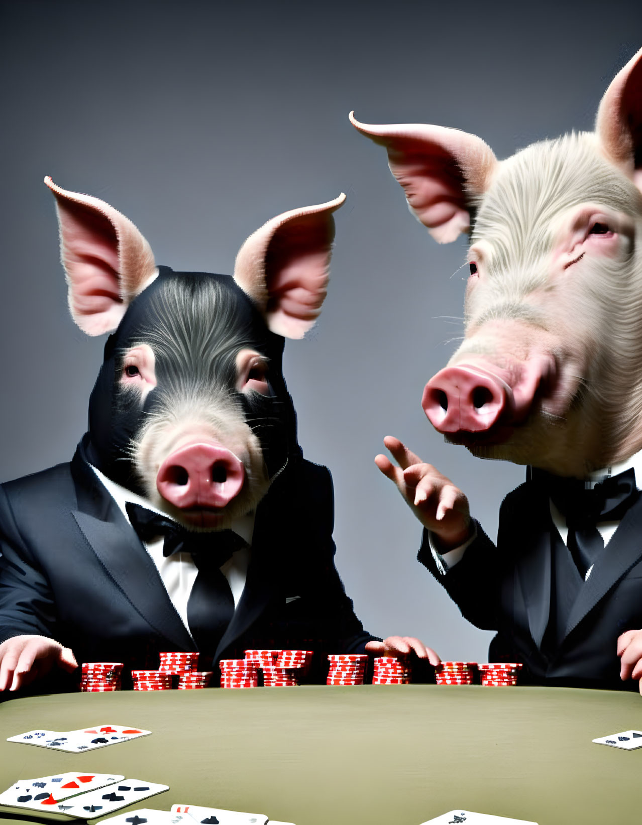 Two individuals in pig masks at poker table with chips and cards