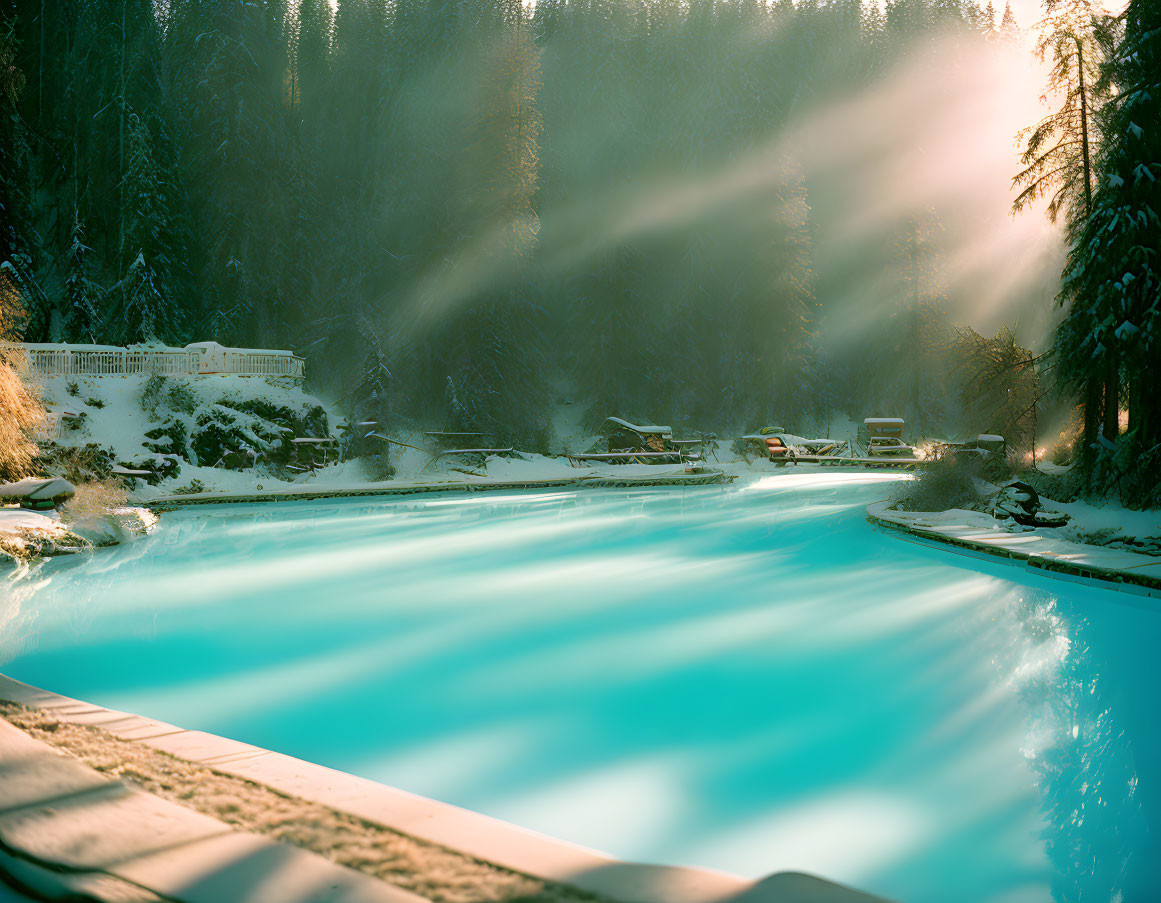 Snow-covered trees and steamy thermal pool in outdoor winter setting