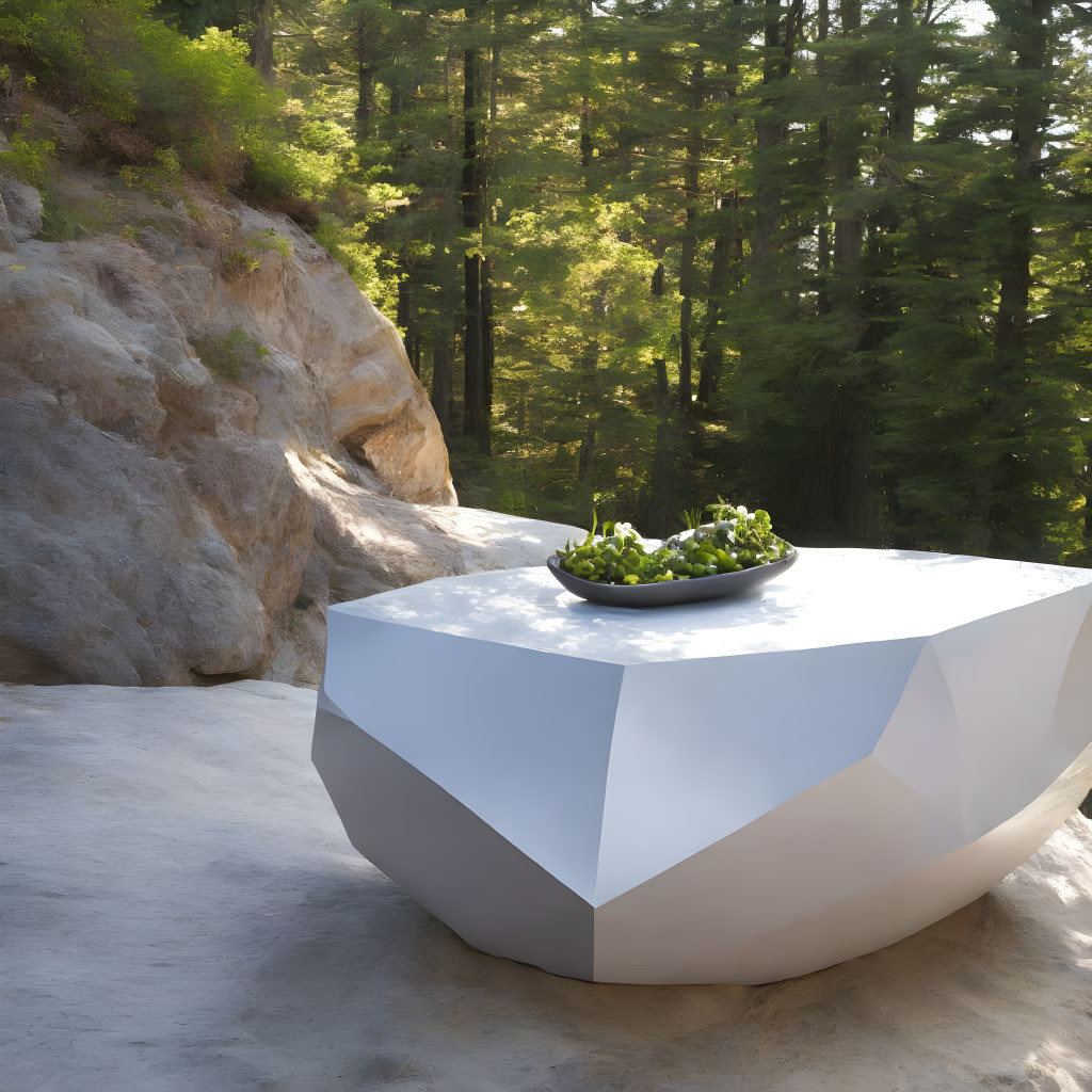 Geometric white outdoor table with plant centerpiece on rocky terrain