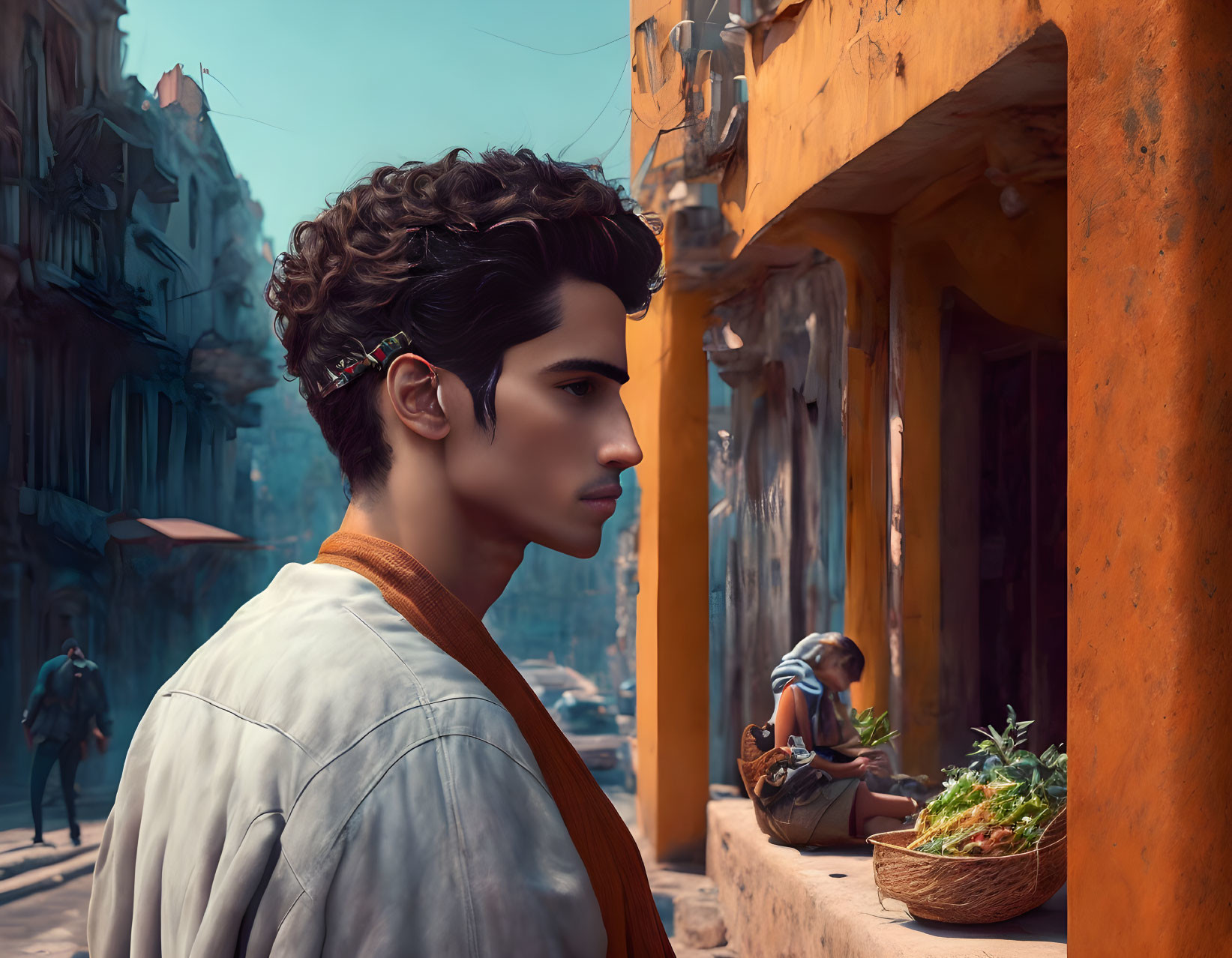 Curly-Haired Young Man Contemplating Sunlit Alley Scene