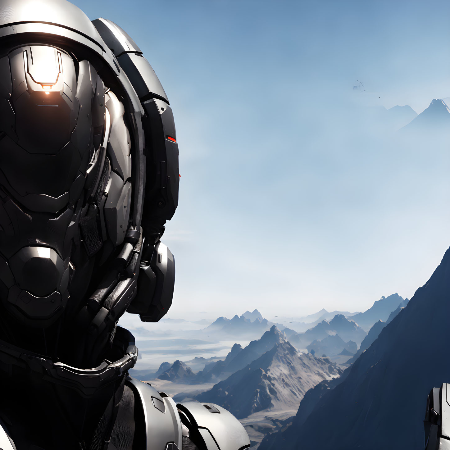 Futuristic helmet against snowy mountain backdrop with high-tech suit.