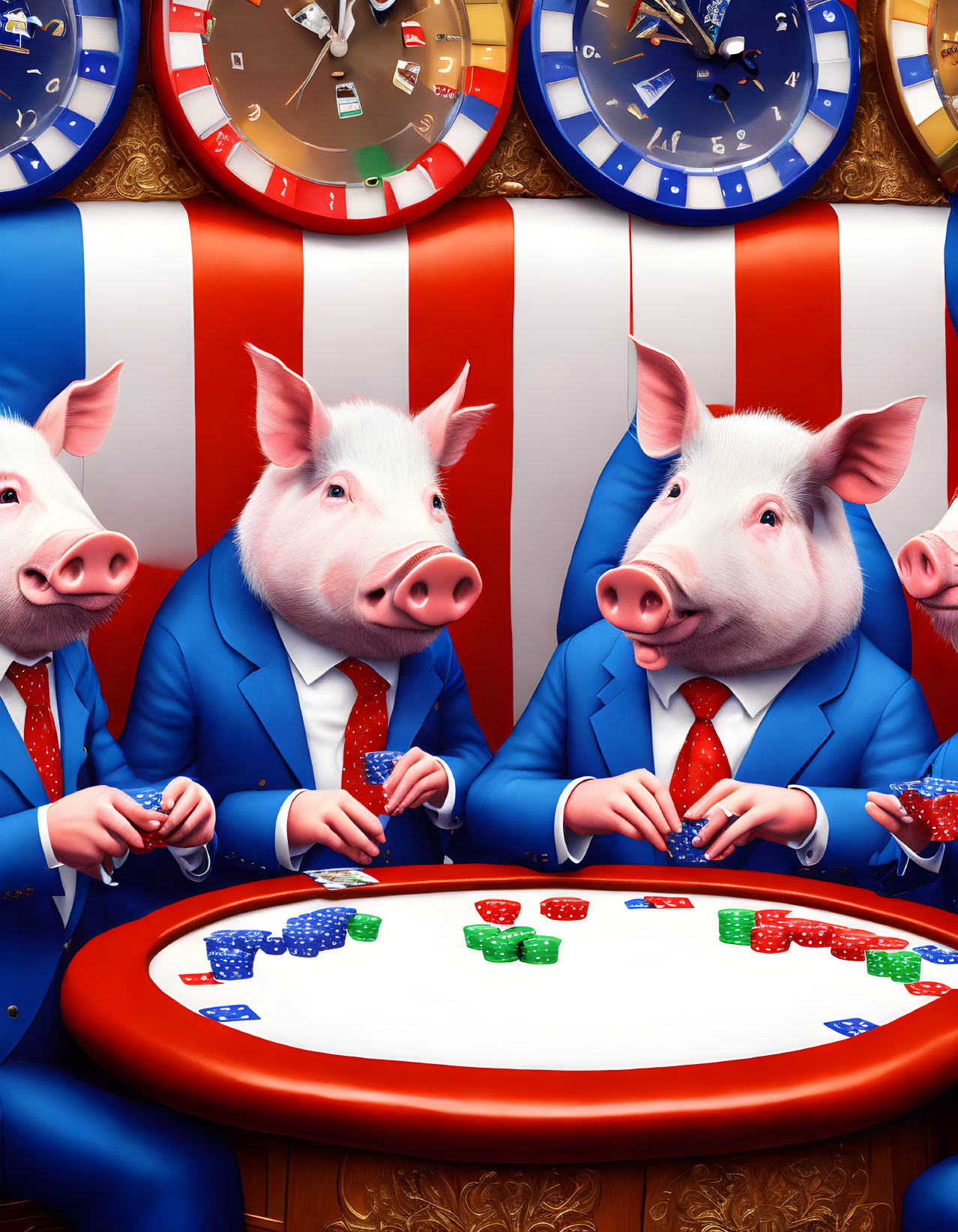 Animated pigs in suits playing poker at red table with watches and barbershop pole.