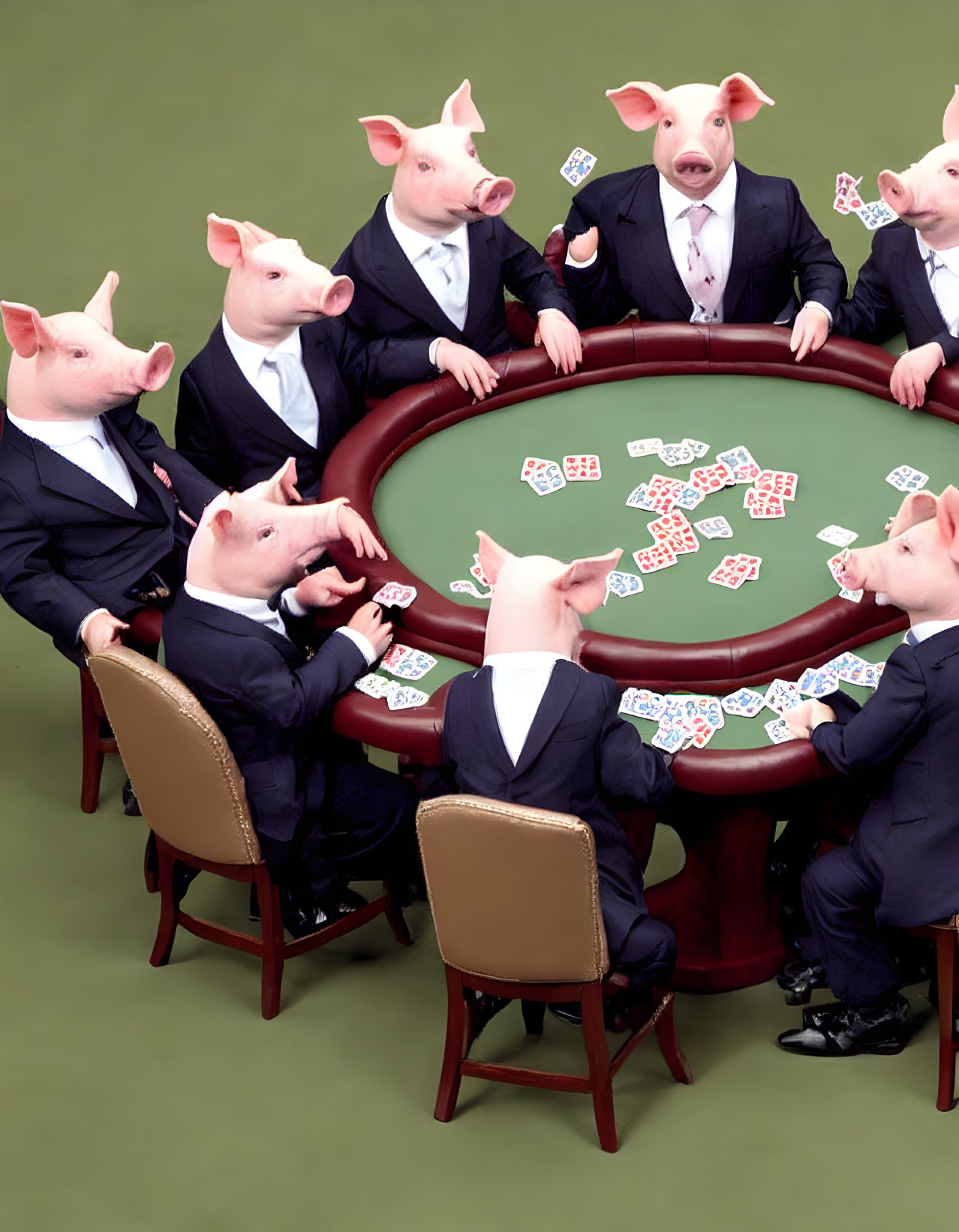 Pig-headed figures playing cards at green table