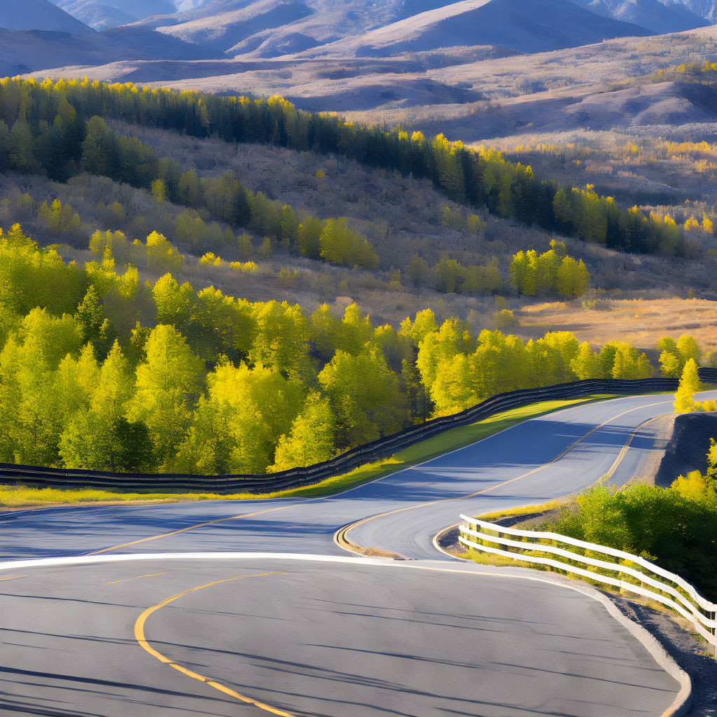 Scenic winding road through hilly landscape with colorful trees