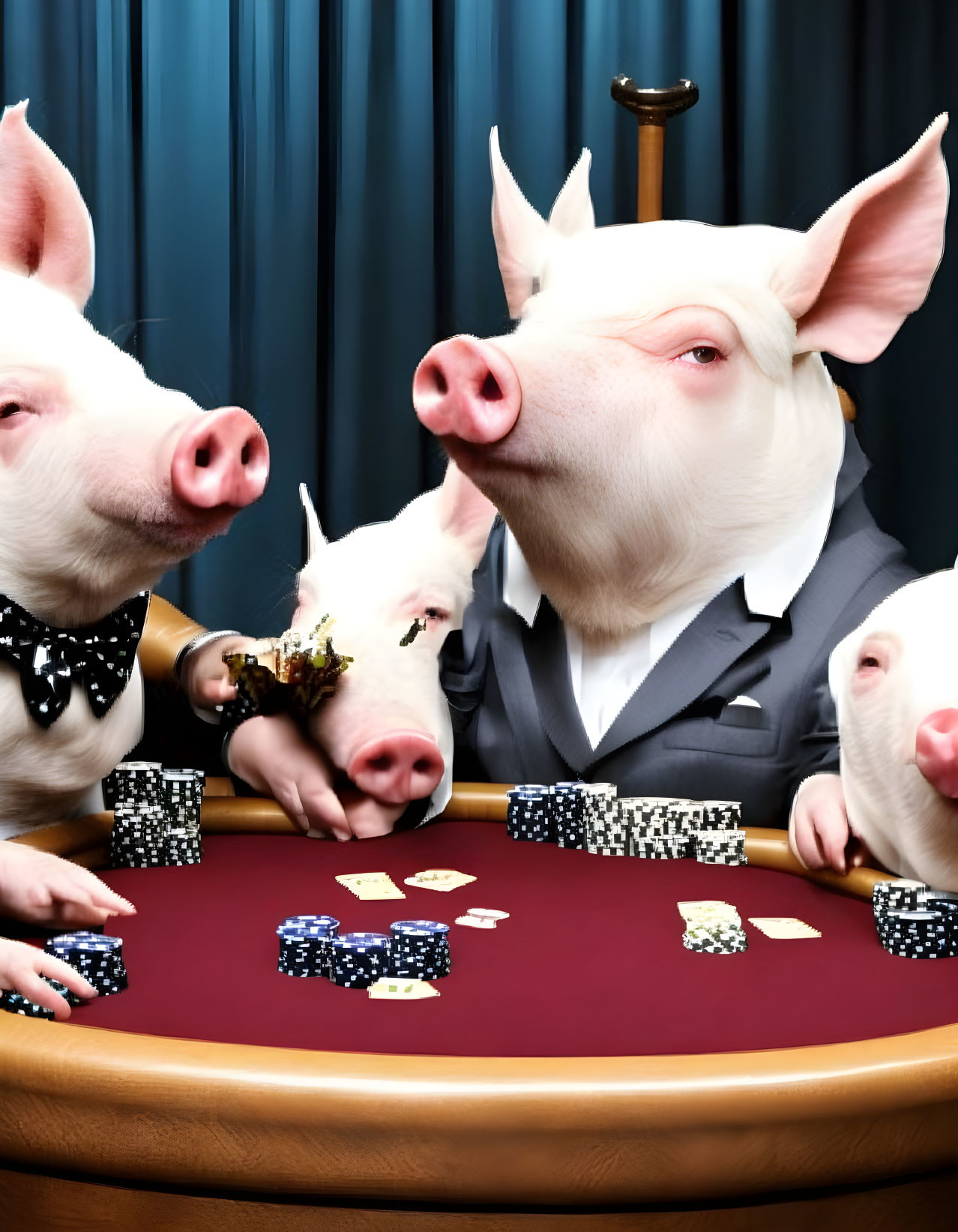 Pigs in Suits Playing Poker with Cards and Chips