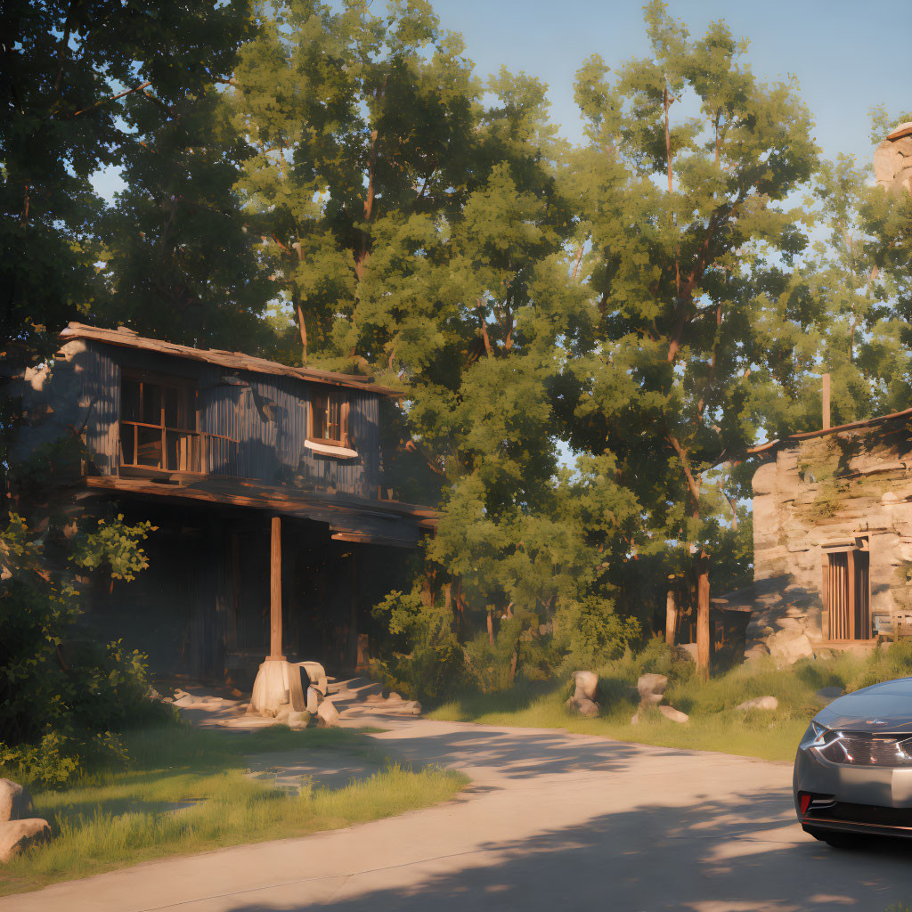 Rustic wooden house, green trees, modern car on gravel pathway