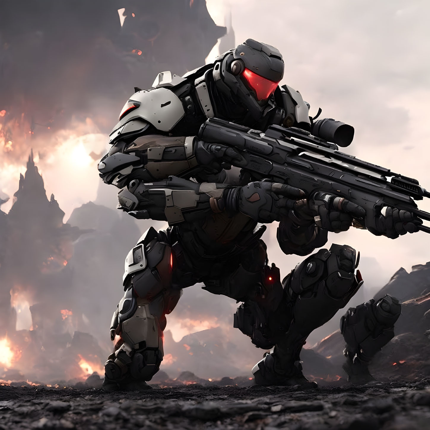 Red-visor mech crouches in fiery apocalyptic landscape with weapons.