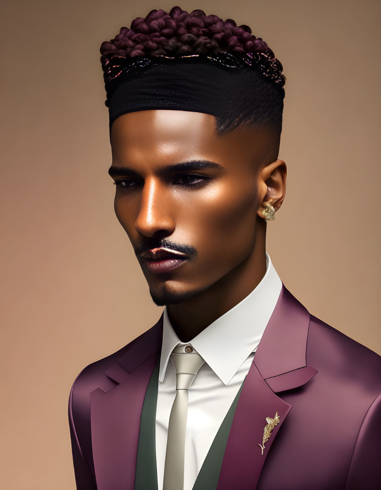 Man with Braided Topknot in Burgundy Suit Portrait