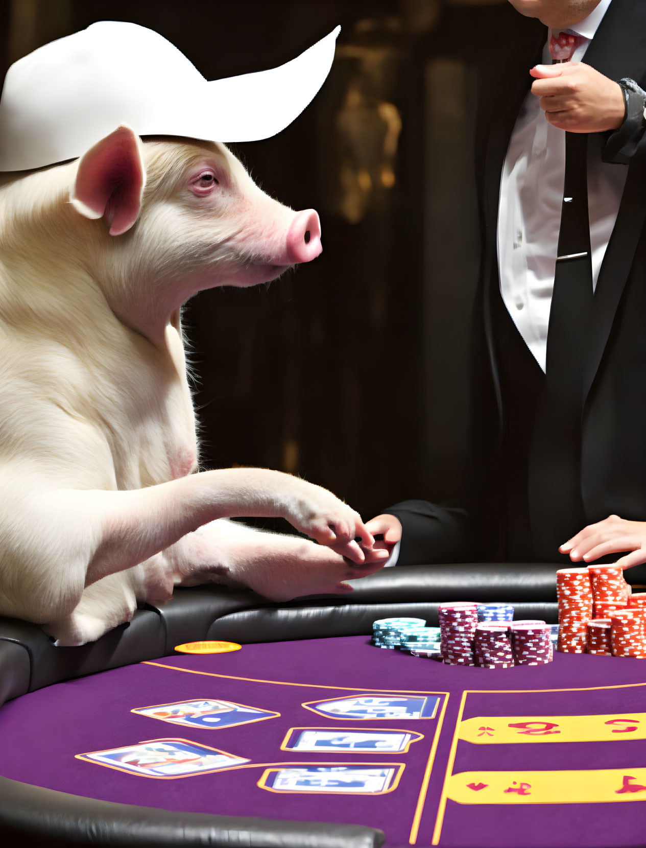 Pig in cowboy hat plays poker with person in tuxedo