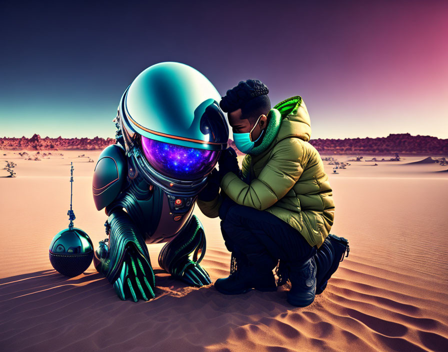 Futuristic robot and person in puffy jacket in desert scene