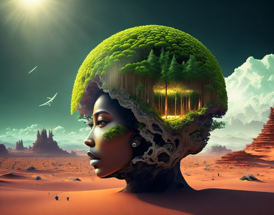 Surreal image of woman's profile merging with tree in desert landscape