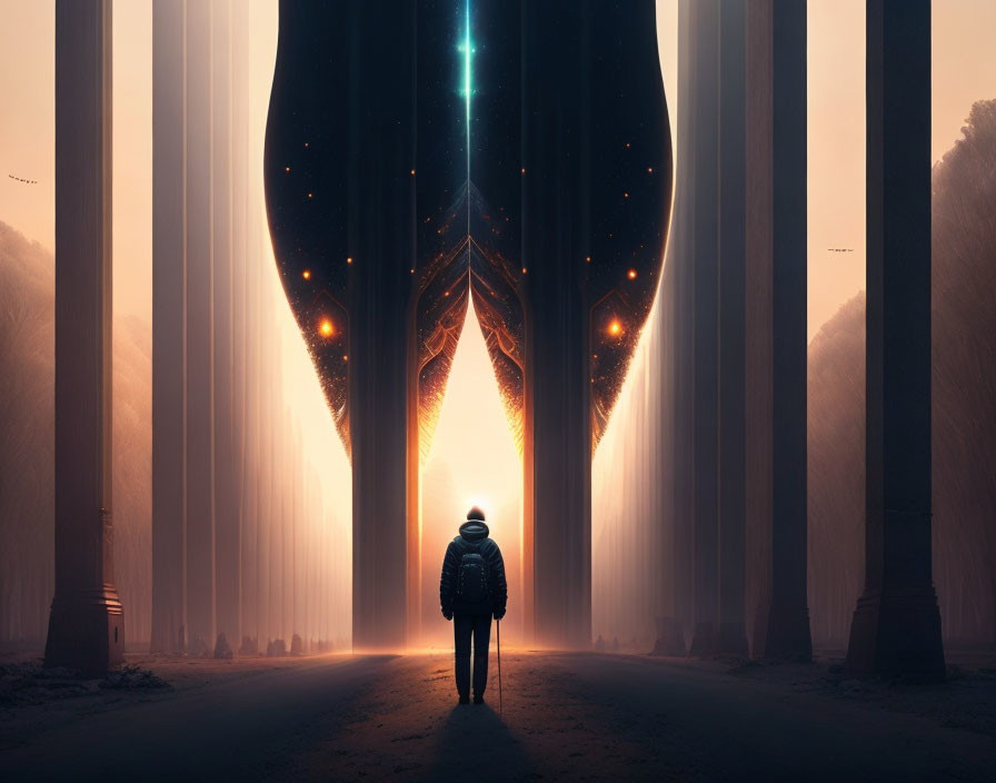 Mysterious figure in front of futuristic forest structure with radiant light beams