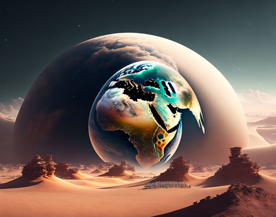 Digital artwork: Earth over desert landscape with dunes and rock formations