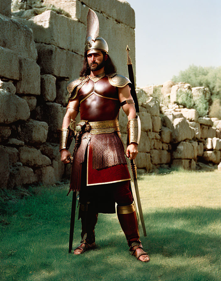 Ancient warrior in helmet, spear, and armor against stone wall under clear sky