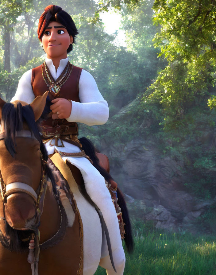 Smiling animated character on horse in sunny forest clearing