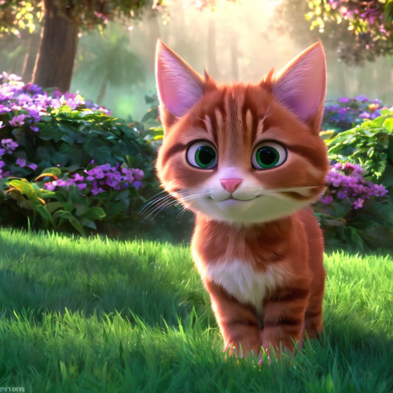 Animated orange kitten in sunny garden with purple flowers