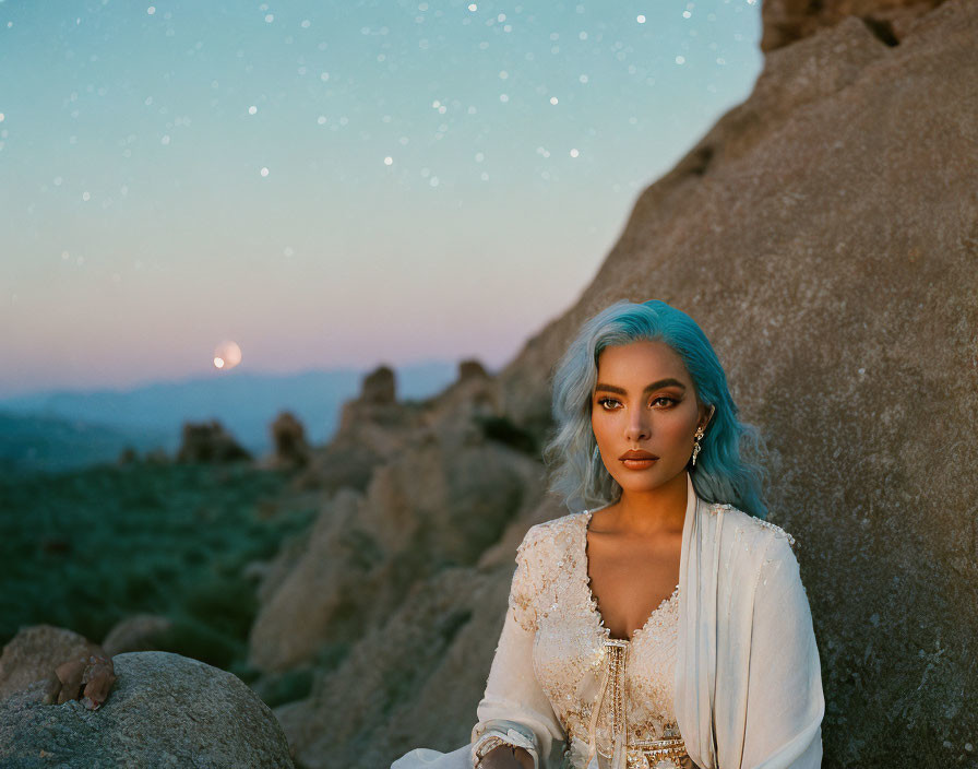 Blue-haired woman in white outfit sitting among rocky terrain at dusk with rising moon and twinkling stars