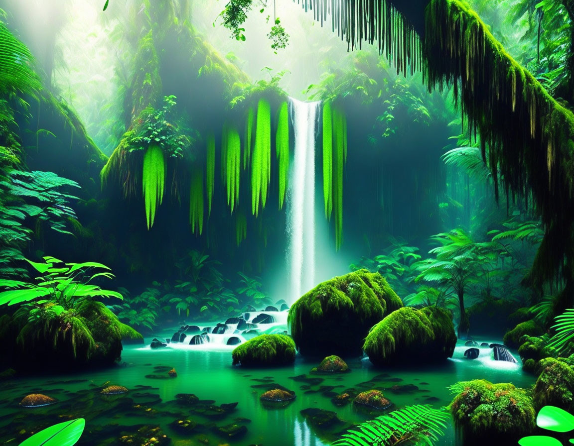 Tranquil waterfall in lush tropical rainforest