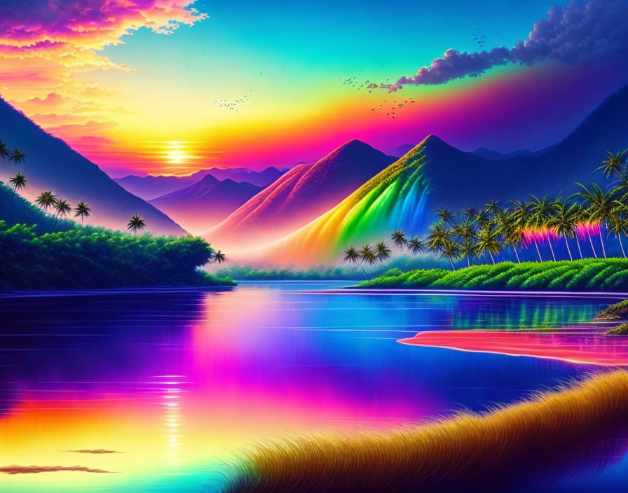 Colorful sunset over fantasy landscape with aurora lights, river, mountains, and palm trees