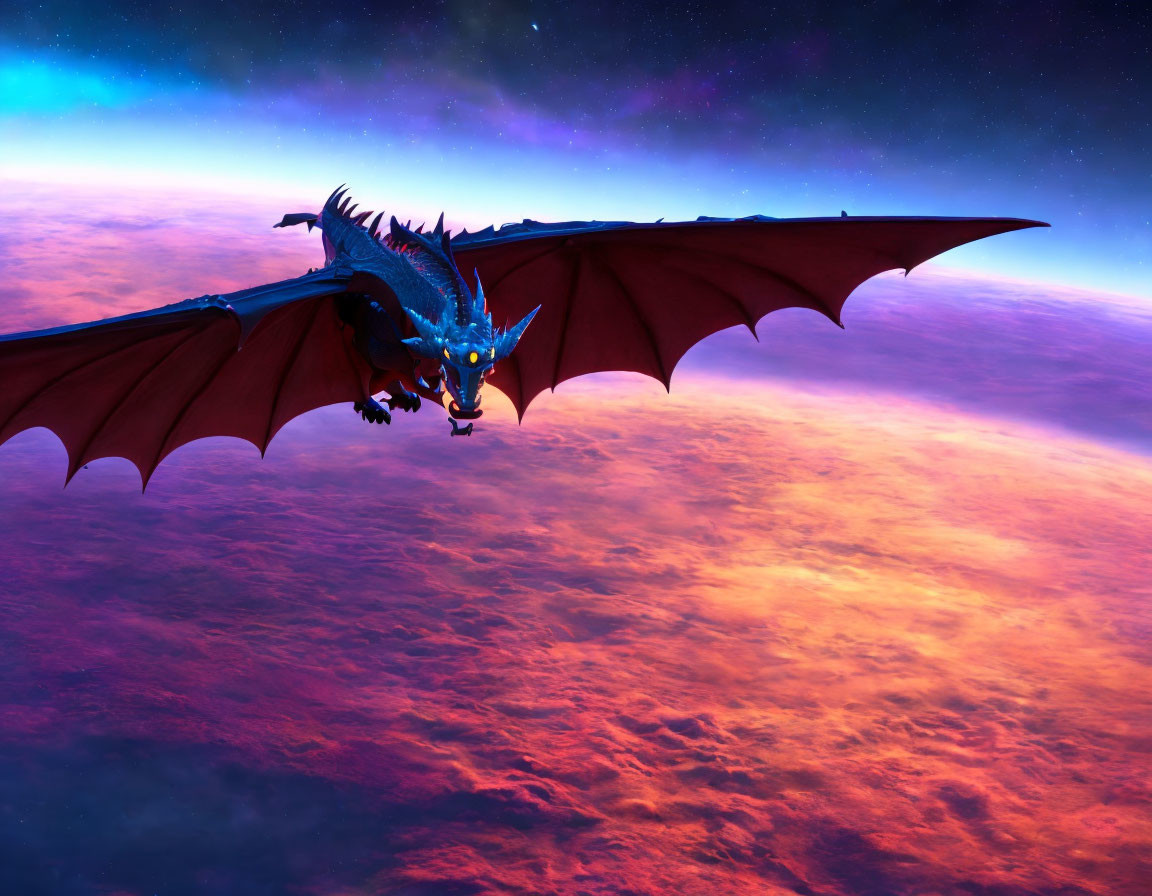 Blue dragon flying over vibrant planet with clouds under starlit sky