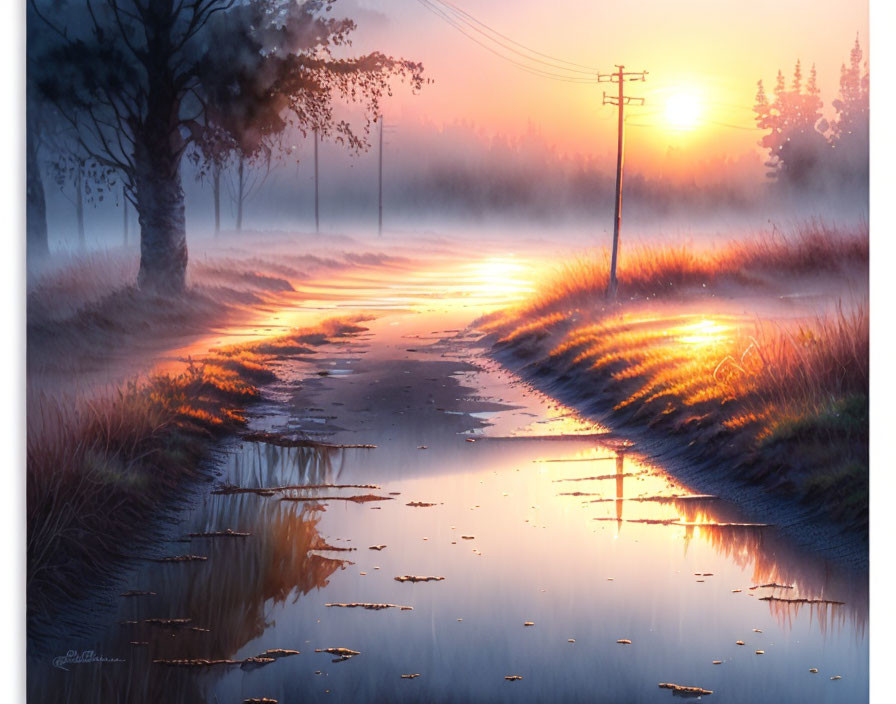 Tranquil sunrise over misty countryside road & golden fields