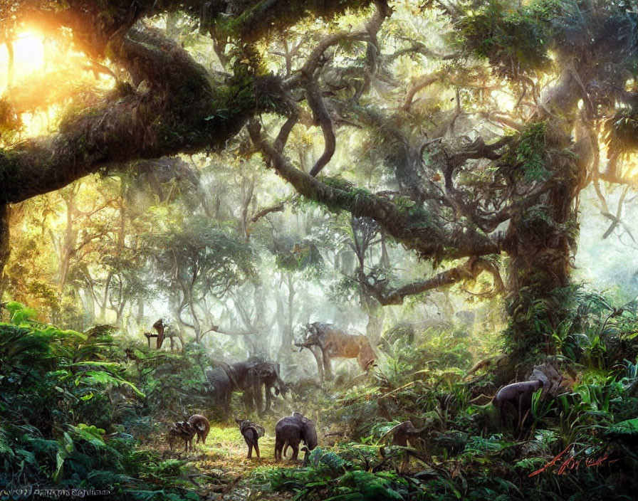 Mystical forest scene with elephants and ancient trees