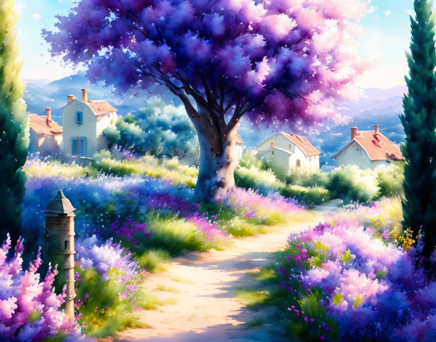 Colorful digital artwork: Whimsical countryside scene with purple trees, winding path, greenery,