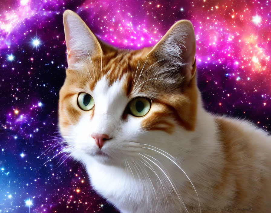 Orange and White Cat with Green Eyes on Cosmic Starry Background