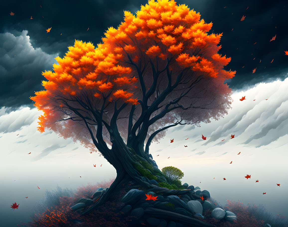 Majestic tree with fiery orange leaves in stormy sky