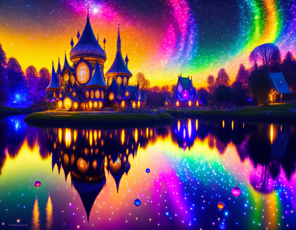 Majestic fantasy castle reflected in lake under colorful night sky