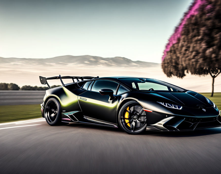 Green and Black Lamborghini Sports Car with Rear Spoiler on Track at Dusk