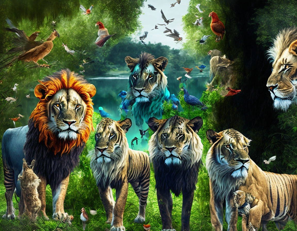 Lions and tigers with lush manes in vibrant forest with colorful birds