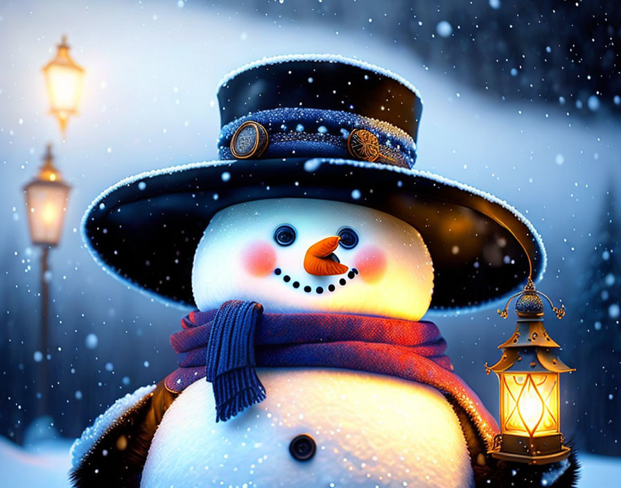 Snowman with top hat, scarf, lantern, and street lamp in snowy scene