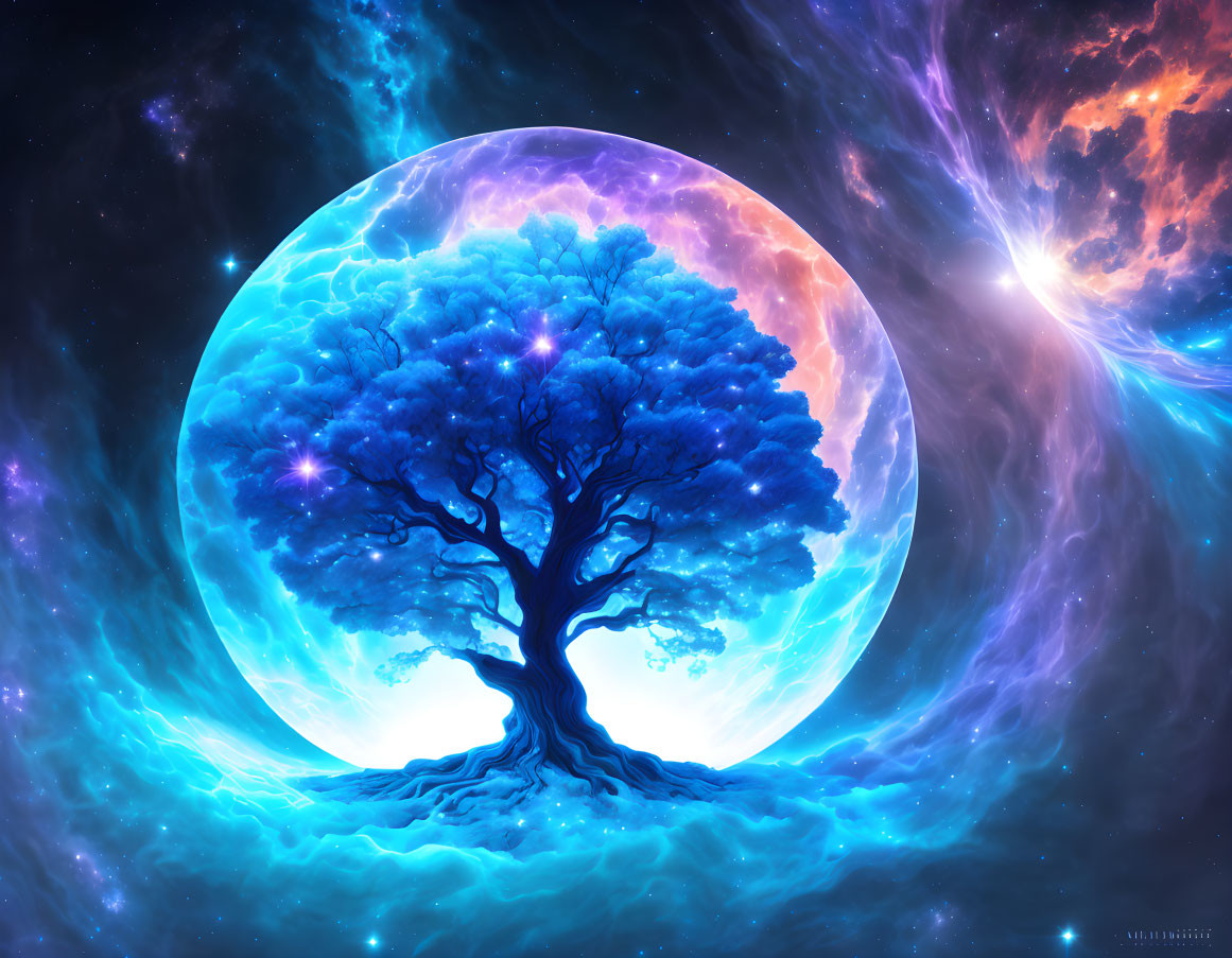 Digital artwork: Solitary tree against celestial backdrop with planet and nebula