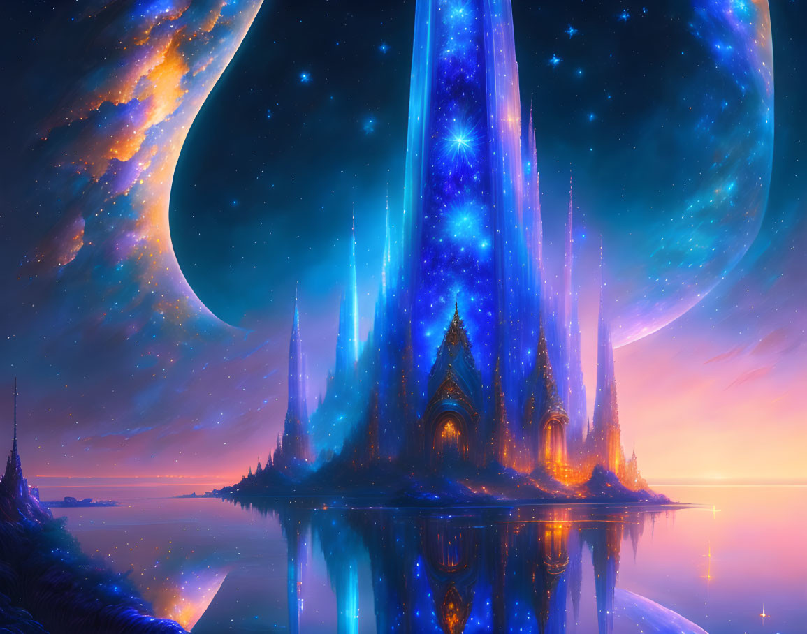 Fantastical digital artwork of glowing celestial castle under starry sky