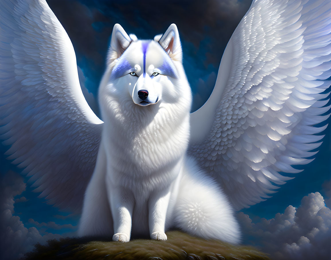 Majestic white husky with blue eyes and angelic wings on cloud against blue sky