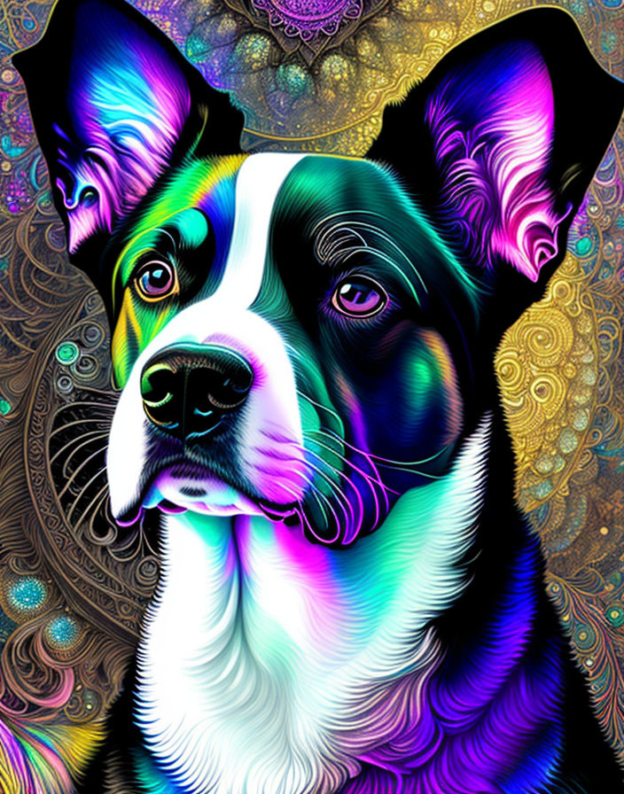 Colorful Psychedelic Dog Artwork with Vibrant Patterns