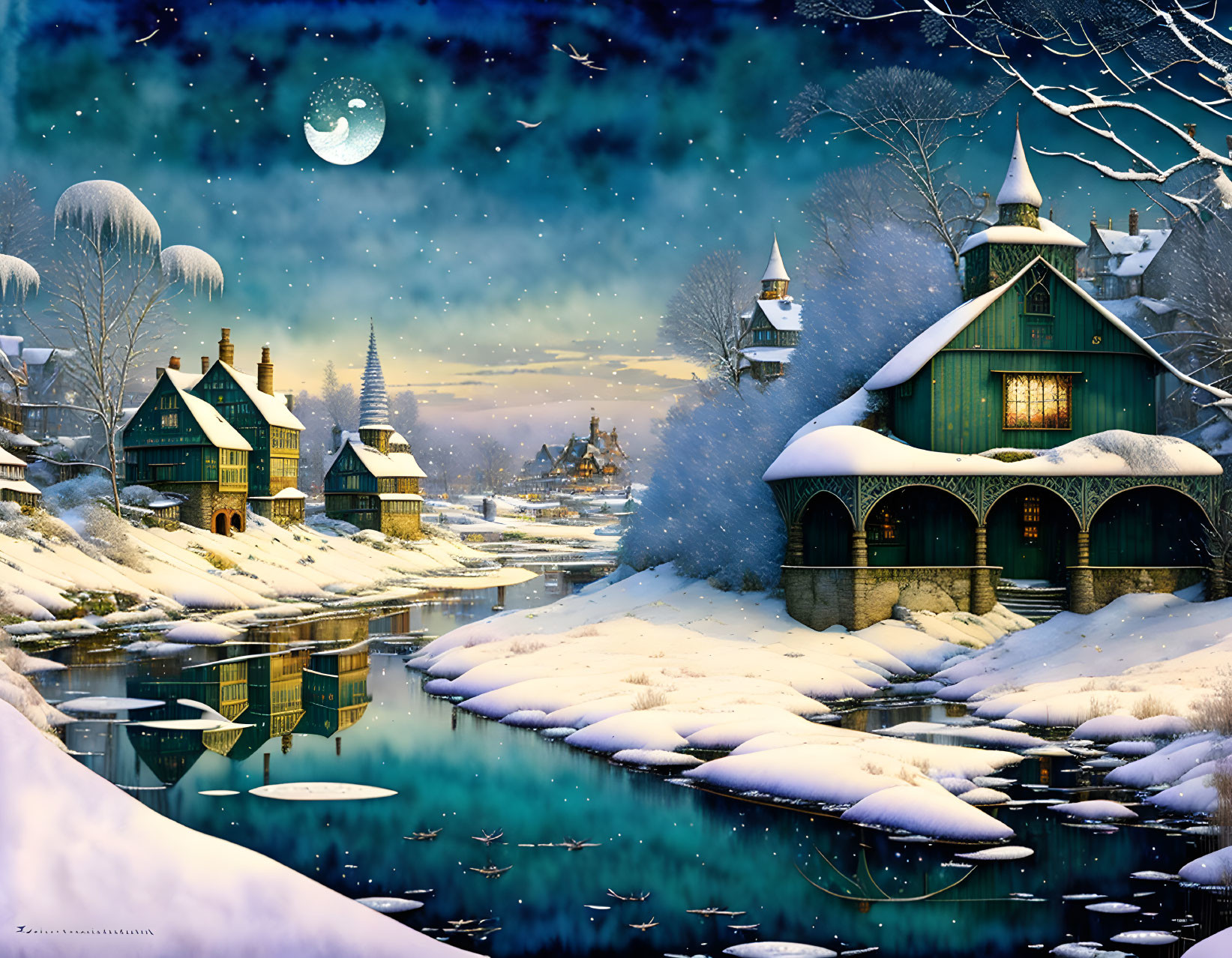 Snow-covered houses, river, starry sky, crescent moon in winter night.