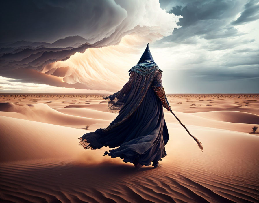 Robed Figure in Vast Desert Facing Storm