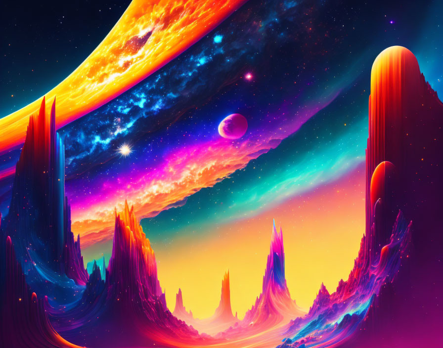 Colorful Alien Landscape with Towering Rock Formations & Starry Sky