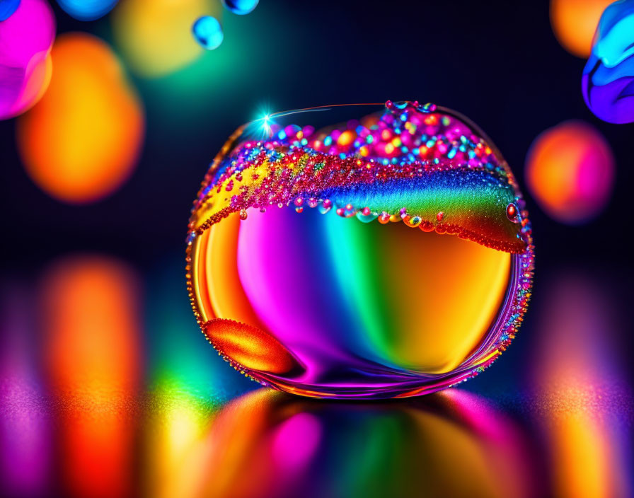 Vibrant Water Drop Reflecting Light on Colorful Bokeh