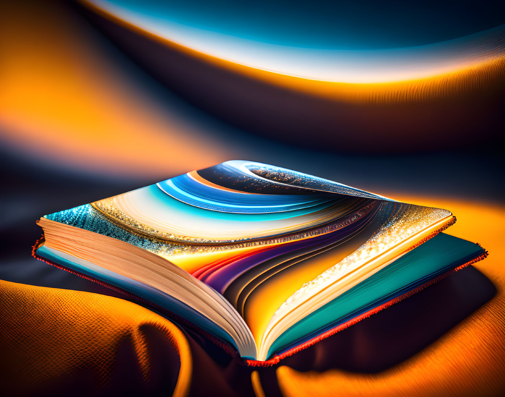 Colorful Glowing Pages in Circular Design on Dark Background