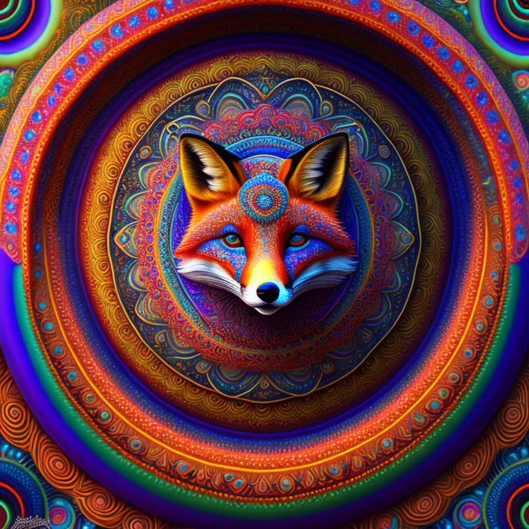 Colorful Fox Face Mandala Pattern with Intricate Symmetrical Designs