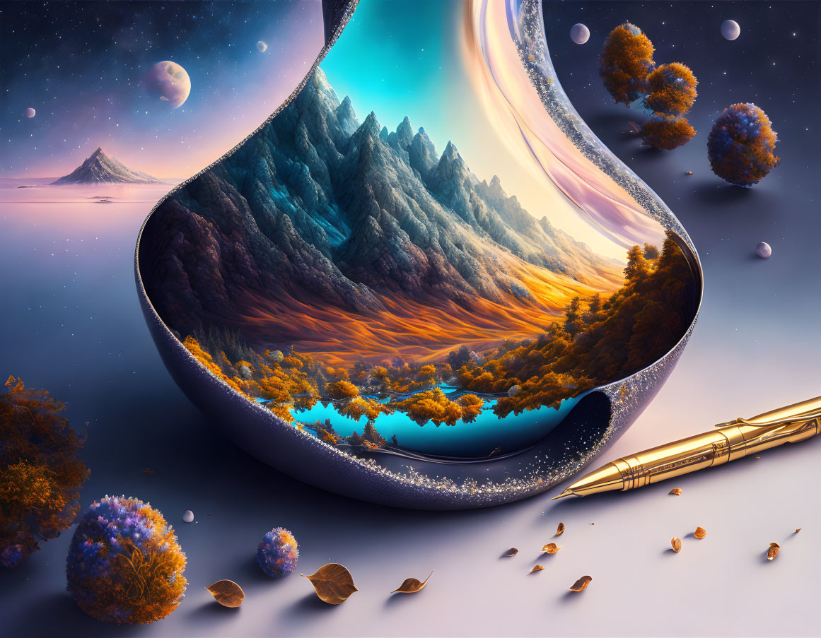 Surreal landscape with hourglass, cosmic backdrop, floating islands, and pen