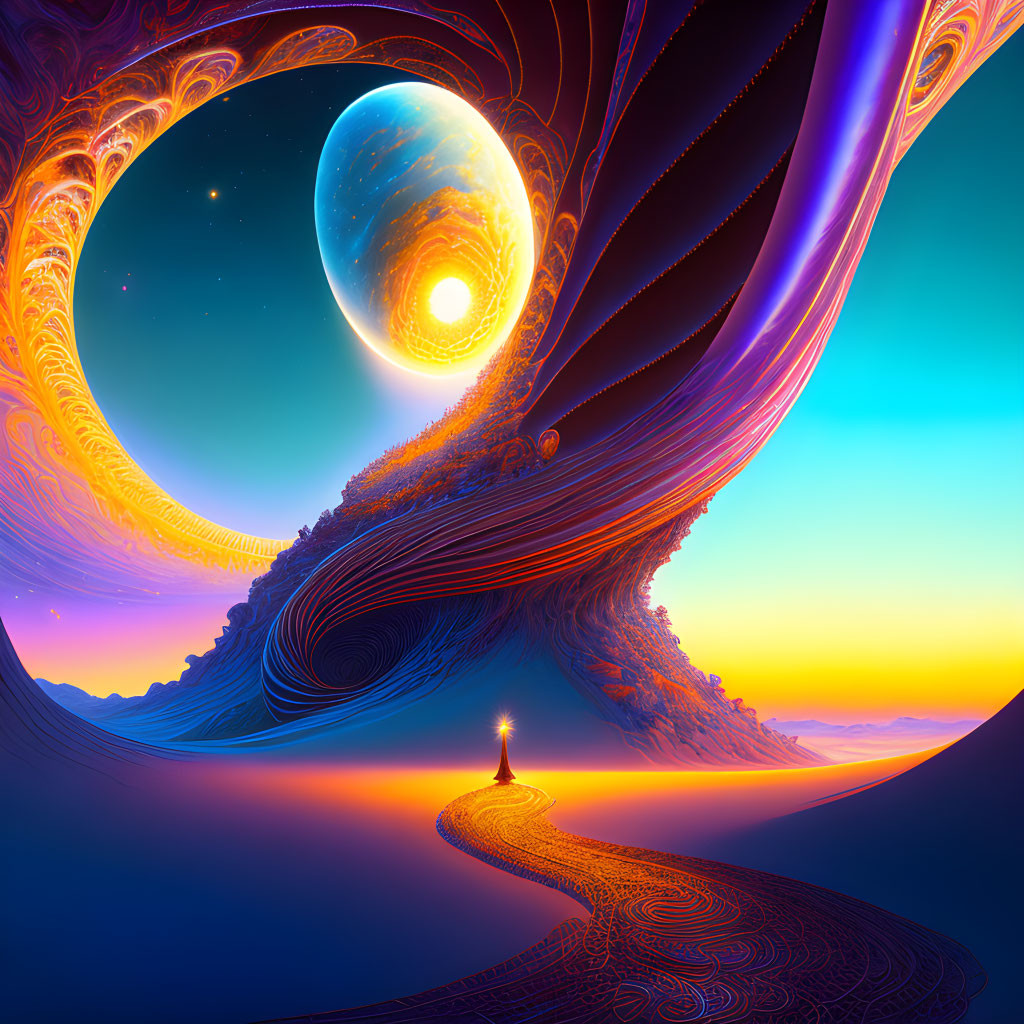 Surreal landscape with figure under swirling sky and large moon