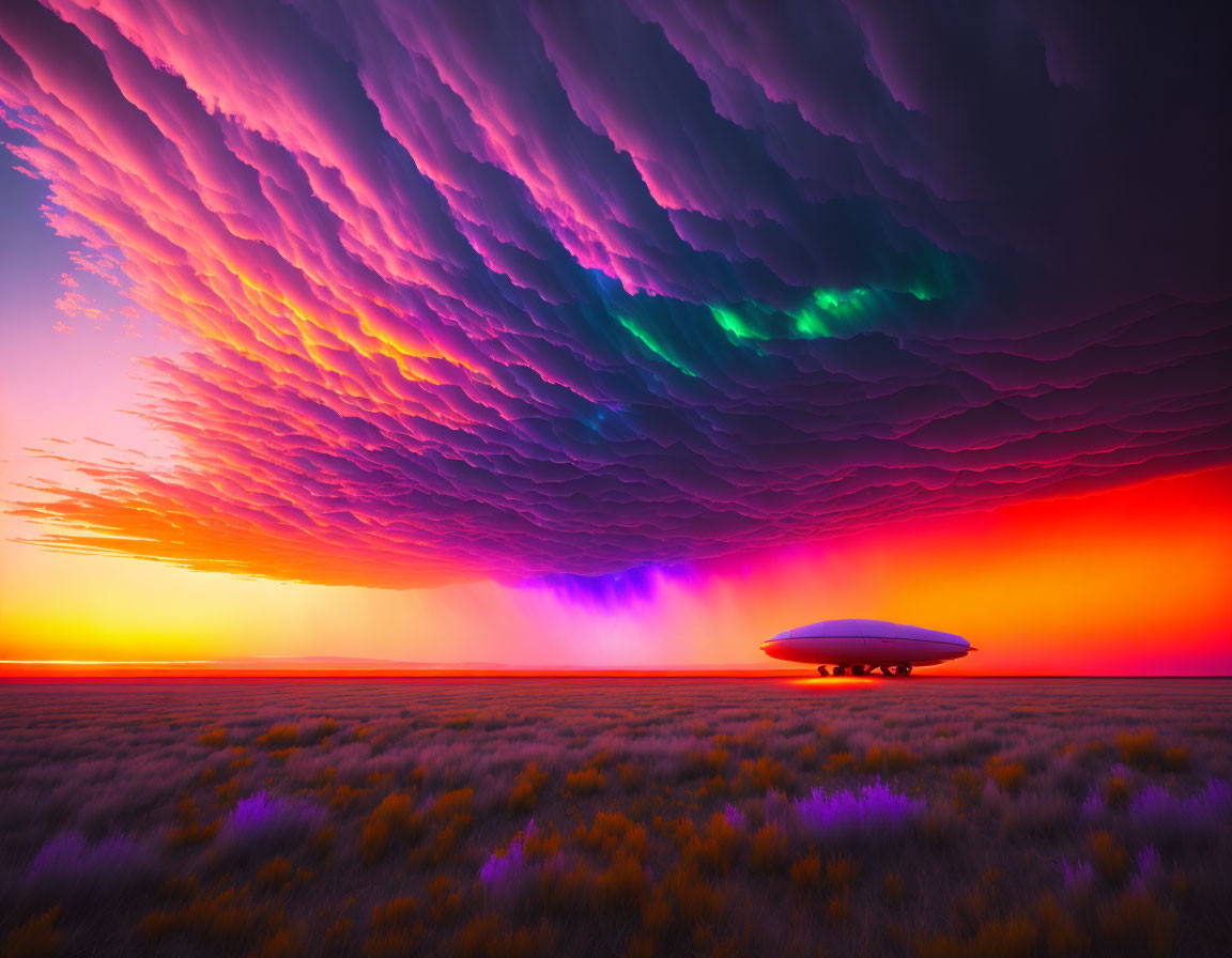 Surreal landscape with UFO under colorful sky at sunset