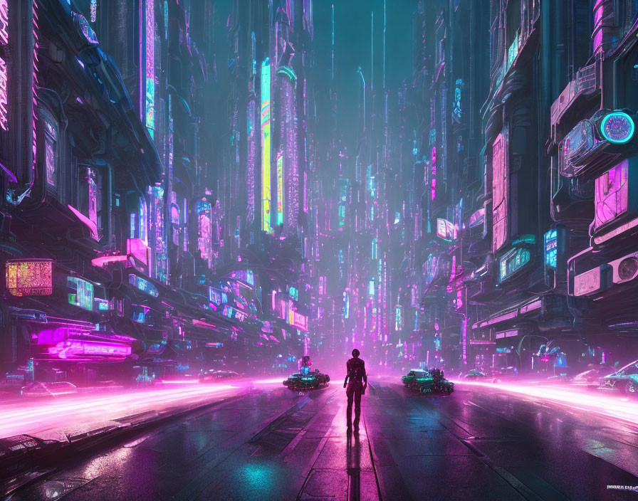 Futuristic neon-lit city scene with high-rise buildings and pink light vehicles