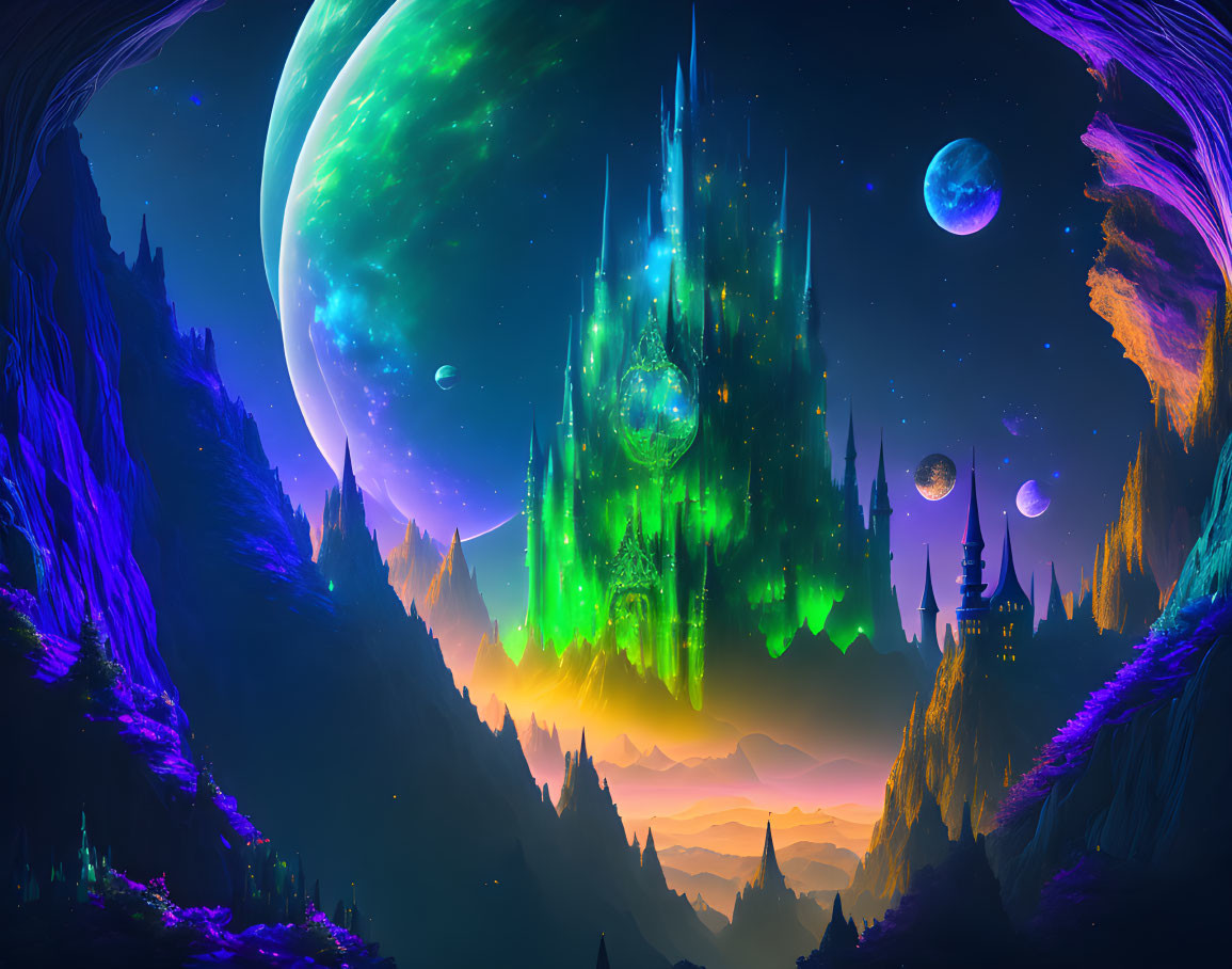 Vibrant fantasy landscape with green castle and celestial bodies